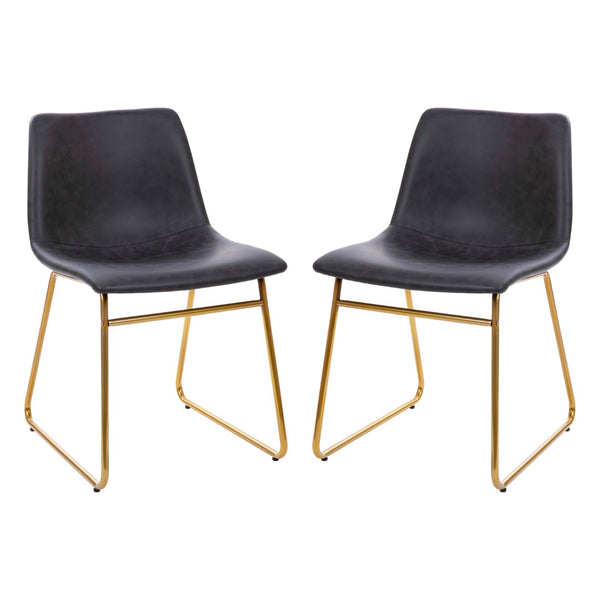 English Elm Commercial Grade 18 inch Dining Table Height Chair, Mid-Back Sled Base Dining Chair in Dark LeatherSoft with Gold Frame - Set of 2