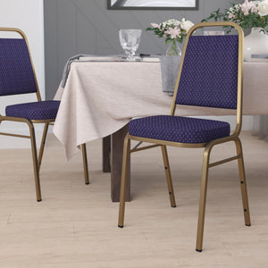 English Elm Commercial Grade Series Trapezoidal Back Stacking Banquet Chair in Navy Patterned Fabric - Gold Frame