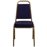 English Elm Commercial Grade Series Trapezoidal Back Stacking Banquet Chair in Navy Patterned Fabric - Gold Frame