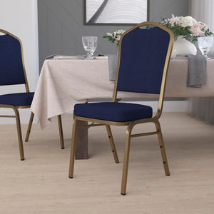 English Elm Commercial Grade Series Crown Back Stacking Banquet Chair in Navy Patterned Fabric - Gold Frame