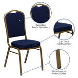 English Elm Commercial Grade Series Crown Back Stacking Banquet Chair in Navy Patterned Fabric - Gold Frame