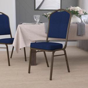 English Elm Commercial Grade Series Crown Back Stacking Banquet Chair in Navy Patterned Fabric - Gold Vein Frame