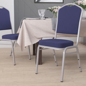 English Elm Commercial Grade Series Crown Back Stacking Banquet Chair in Navy Fabric - Silver Frame