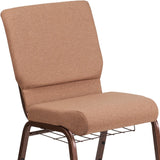 English Elm Commercial Grade Series 18.5''W Church Chair in Caramel Fabric with Cup Book Rack - Copper Vein Frame