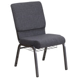 English Elm Commercial Grade Series 18.5''W Church Chair in Dark Fabric with Book Rack - Silver Vein Frame