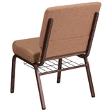 English Elm Commercial Grade Series 21''W Church Chair in Caramel Fabric with Cup Book Rack - Copper Vein Frame