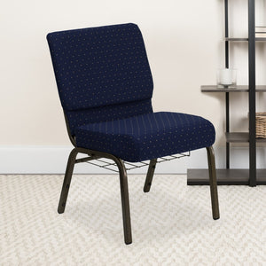 English Elm Commercial Grade Series 21''W Church Chair in Navy Dot Patterned Fabric with Book Rack - Gold Vein Frame