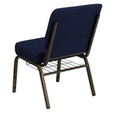 English Elm Commercial Grade Series 21''W Church Chair in Navy Dot Patterned Fabric with Book Rack - Gold Vein Frame