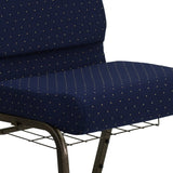 English Elm Commercial Grade Series 21''W Church Chair in Navy Dot Patterned Fabric with Book Rack - Gold Vein Frame