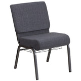 English Elm Commercial Grade Series 21''W Church Chair in Dark Fabric with Book Rack - Silver Vein Frame