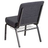 English Elm Commercial Grade Series 21''W Church Chair in Dark Fabric with Book Rack - Silver Vein Frame