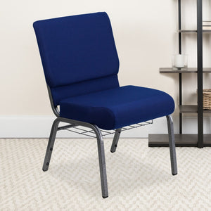 English Elm Commercial Grade Series 21''W Church Chair in Navy Fabric with Cup Book Rack - Silver Vein Frame