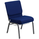 English Elm Commercial Grade Series 21''W Church Chair in Navy Fabric with Cup Book Rack - Silver Vein Frame