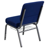 English Elm Commercial Grade Series 21''W Church Chair in Navy Fabric with Cup Book Rack - Silver Vein Frame