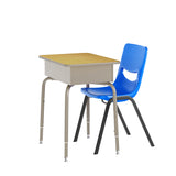 English Elm Commercial Grade Student Desk with Open Front Metal Book Box, Maple Desktop, and Silver Frame and Navy Heavy-Duty Flex Comfort Classroom Stack Chair