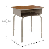 English Elm Commercial Grade Student Desk with Open Front Metal Book Box, Walnut Desktop, and Silver Frame and Heavy-Duty Flex Comfort Classroom Stack Chair