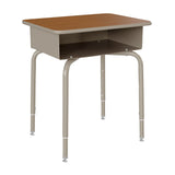 English Elm Commercial Grade Student Desk with Open Front Metal Book Box, Walnut Desktop, and Silver Frame and Heavy-Duty Flex Comfort Classroom Stack Chair