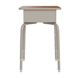 English Elm Commercial Grade Student Desk with Open Front Metal Book Box, Walnut Desktop, and Silver Frame and Heavy-Duty Flex Comfort Classroom Stack Chair