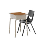 English Elm Commercial Grade Student Desk with Open Front Metal Book Box, Walnut Desktop, and Silver Frame and Heavy-Duty Flex Comfort Classroom Stack Chair