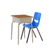 English Elm Commercial Grade Student Desk with Open Front Metal Book Box, Walnut Desktop, and Silver Frame and Navy Heavy-Duty Flex Comfort Classroom Stack Chair