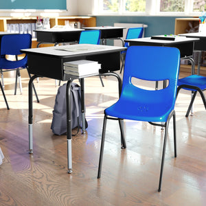 English Elm Commercial Grade Student Desk with Open Front Metal Book Box, Gray Desktop, and Black Frame and Navy Heavy-Duty Flex Comfort Classroom Stack Chair