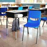 Commercial Grade Student Desk with Open Front Metal Book Box, Gray Desktop, and Black Frame and Navy Heavy-Duty Flex Comfort Classroom Stack Chair