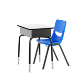 English Elm Commercial Grade Student Desk with Open Front Metal Book Box, Gray Desktop, and Black Frame and Navy Heavy-Duty Flex Comfort Classroom Stack Chair