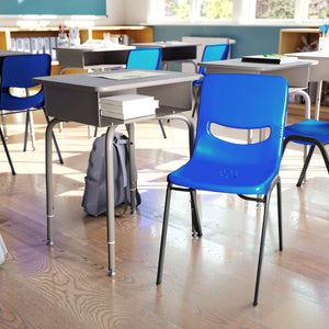 English Elm Commercial Grade Student Desk with Open Front Metal Book Box, Gray Granite Desktop, and Silver Frame and Navy Heavy-Duty Flex Comfort Classroom Stack Chair