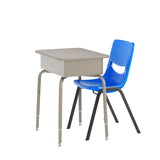 English Elm Commercial Grade Student Desk with Open Front Metal Book Box, Gray Granite Desktop, and Silver Frame and Navy Heavy-Duty Flex Comfort Classroom Stack Chair