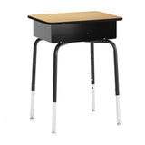 English Elm Commercial Grade Student Desk with Open Front Metal Book Box, Natural Desktop, and Black Frame and Navy Heavy-Duty Flex Comfort Classroom Stack Chair