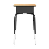 English Elm Commercial Grade Student Desk with Open Front Metal Book Box, Natural Desktop, and Black Frame and Navy Heavy-Duty Flex Comfort Classroom Stack Chair