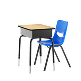 English Elm Commercial Grade Student Desk with Open Front Metal Book Box, Natural Desktop, and Black Frame and Navy Heavy-Duty Flex Comfort Classroom Stack Chair