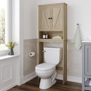 English Elm Farmhouse Over the Toilet Shelf Cabinet, Magnetic Close Doors, Adjustable In-Cabinet Shelf, Lower Open Shelf, Metal Handles and Hinges,