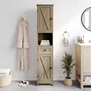 English Elm Farmhouse Freestanding Bathroom Linen Tower Storage Cabinet with Magnetic Close Doors, 2 Adjustable Shelves, Open Display Shelf, Drawer