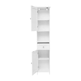 English Elm Farmhouse Freestanding Bathroom Linen Tower Storage Cabinet with Magnetic Close Doors, 2 Adjustable Shelves, Open Display Shelf, Drawer