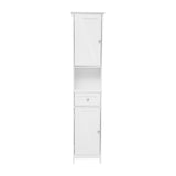 English Elm Farmhouse Freestanding Bathroom Linen Tower Storage Cabinet with Magnetic Close Doors, 2 Adjustable Shelves, Open Display Shelf, Drawer