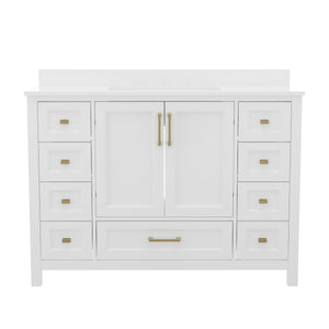 English Elm Commercial Grade 48 Inch Bathroom Vanity with Sink, Storage Cabinet with Soft Close Doors, and 9 Drawers, Carrara Marble Finish Countertop,