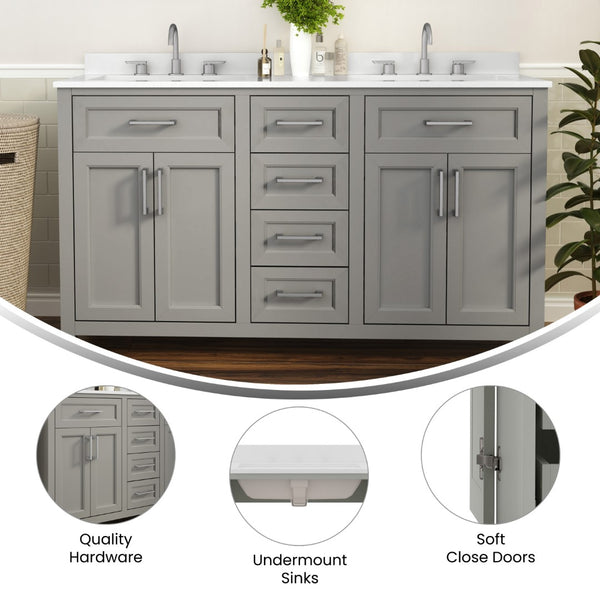 English Elm Commercial Grade 60 Inch Bathroom Double Vanity with 2 Sinks, 2 Storage Cabinets with Soft Close Doors and 6 Drawers, Carrara Marble Finish Countertop,