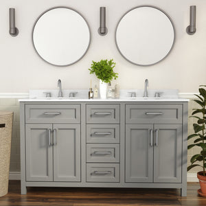 English Elm Commercial Grade 60 Inch Bathroom Double Vanity with 2 Sinks, 2 Storage Cabinets with Soft Close Doors and 6 Drawers, Carrara Marble Finish Countertop,