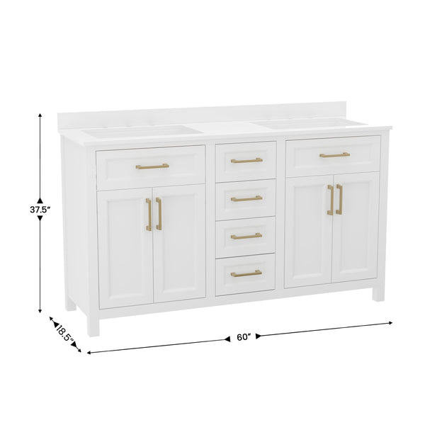 English Elm Commercial Grade 60 Inch Bathroom Double Vanity with 2 Sinks, 2 Storage Cabinets with Soft Close Doors and 6 Drawers, Carrara Marble Finish Countertop,