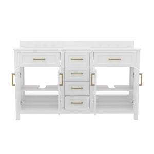 English Elm Commercial Grade 60 Inch Bathroom Double Vanity with 2 Sinks, 2 Storage Cabinets with Soft Close Doors and 6 Drawers, Carrara Marble Finish Countertop,