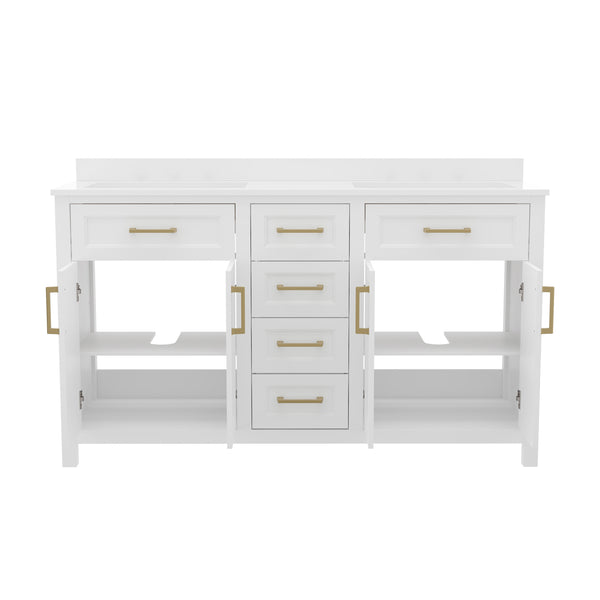 English Elm Commercial Grade 60 Inch Bathroom Double Vanity with 2 Sinks, 2 Storage Cabinets with Soft Close Doors and 6 Drawers, Carrara Marble Finish Countertop,