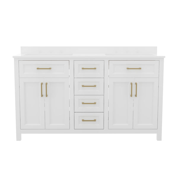 English Elm Commercial Grade 60 Inch Bathroom Double Vanity with 2 Sinks, 2 Storage Cabinets with Soft Close Doors and 6 Drawers, Carrara Marble Finish Countertop,