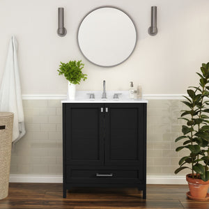 English Elm Commercial Grade 30 Inch Bathroom Vanity with Sink, Storage Cabinet with Soft Close Doors and Bottom Drawer, Carrara Marble Finish Countertop,