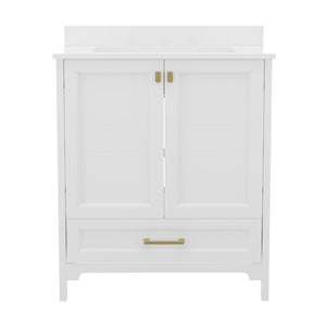 English Elm Commercial Grade 30 Inch Bathroom Vanity with Sink, Storage Cabinet with Soft Close Doors and Bottom Drawer, Carrara Marble Finish Countertop,