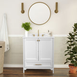 English Elm Commercial Grade 30 Inch Bathroom Vanity with Sink, Storage Cabinet with Soft Close Doors and Bottom Drawer, Carrara Marble Finish Countertop,