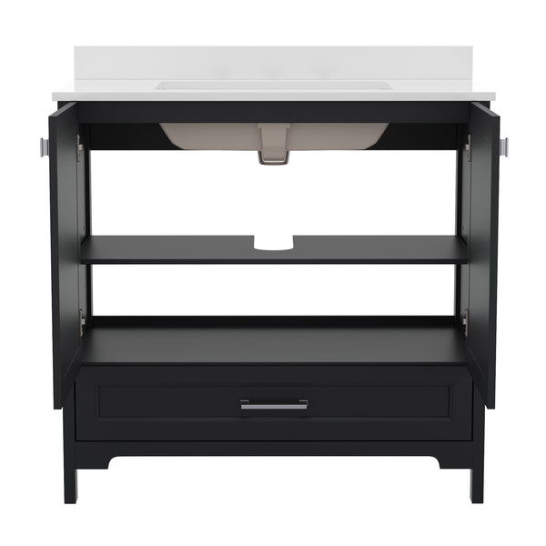 English Elm Commercial Grade 36 Inch Bathroom Vanity with Sink, Storage Cabinet with Soft Close Doors and Bottom Drawer, Carrara Marble Finish Countertop,