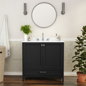 English Elm Commercial Grade 36 Inch Bathroom Vanity with Sink, Storage Cabinet with Soft Close Doors and Bottom Drawer, Carrara Marble Finish Countertop,