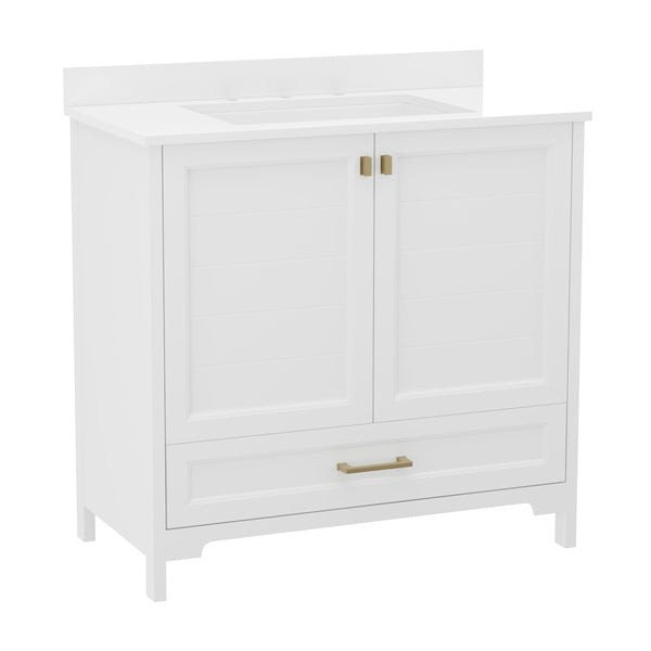 English Elm Commercial Grade 36 Inch Bathroom Vanity with Sink, Storage Cabinet with Soft Close Doors and Bottom Drawer, Carrara Marble Finish Countertop,