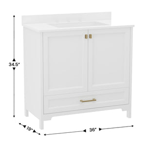 English Elm Commercial Grade 36 Inch Bathroom Vanity with Sink, Storage Cabinet with Soft Close Doors and Bottom Drawer, Carrara Marble Finish Countertop,